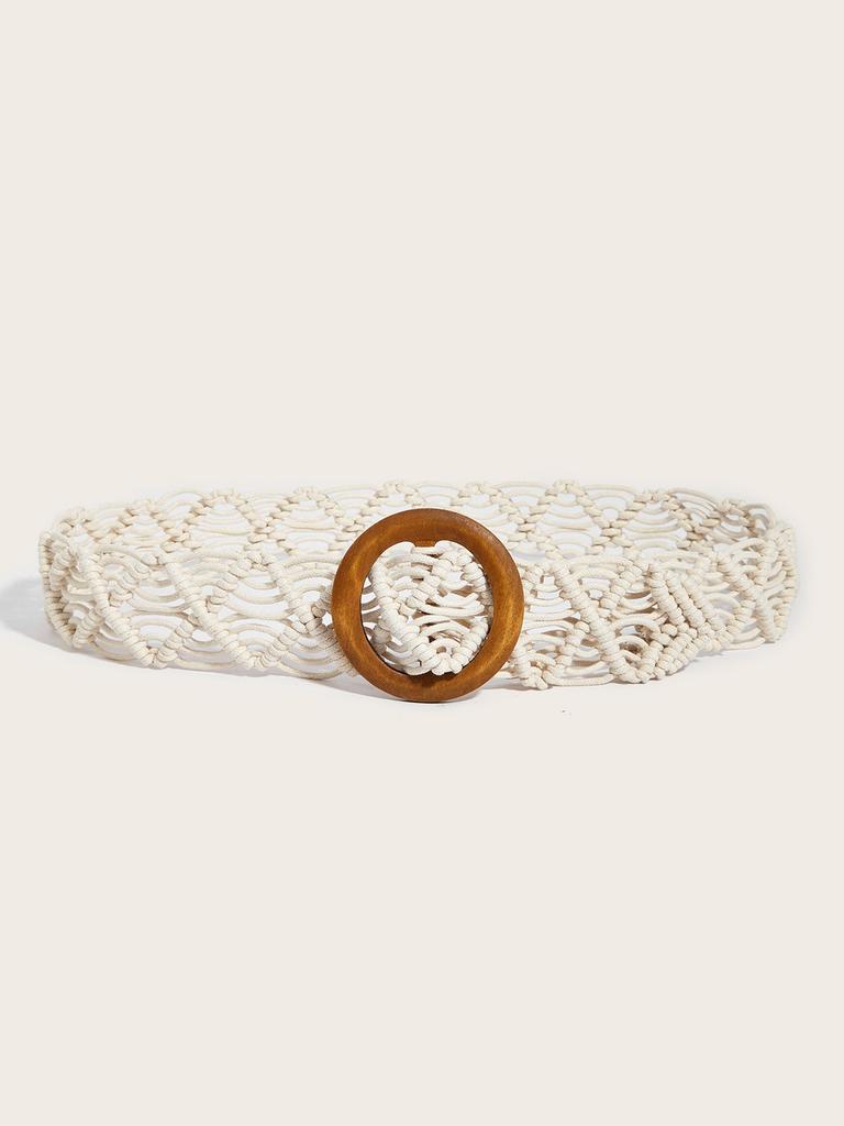 Cotton Retro Linen Belt Women Handmade Woven Waistband Round Wooden Buckle Dress