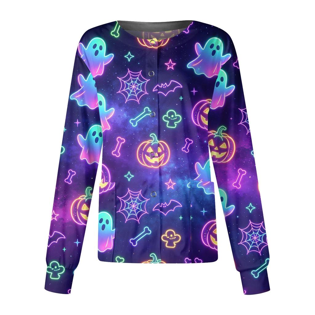Women's Halloween Print Casual Long Sleeve Single Breasted Caregiver Cardigan Top Lightweight Comfortable Fit