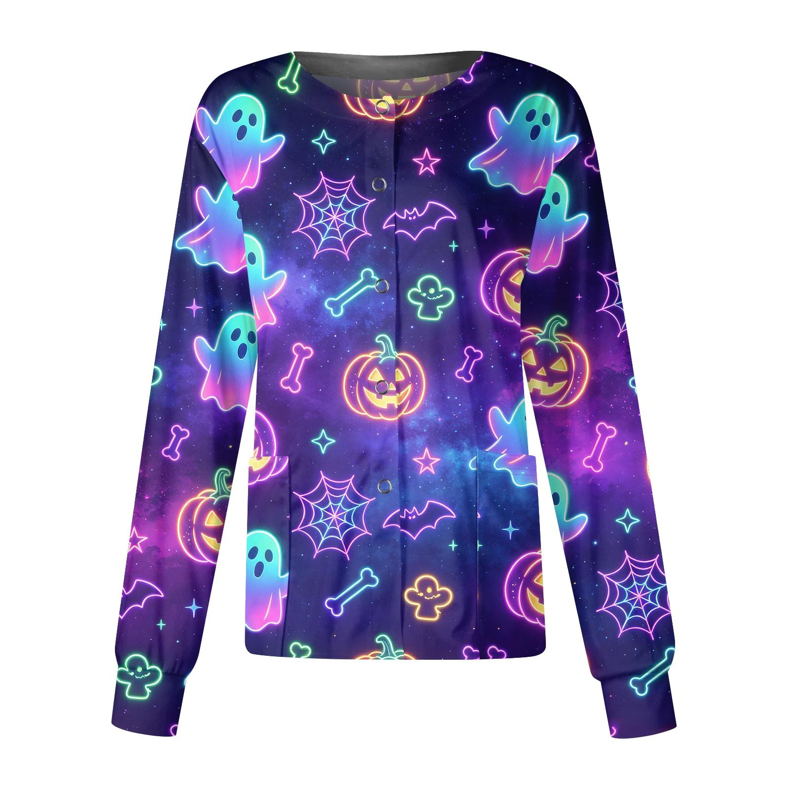 Fun Women s Halloween Print Scrub Top - Long Sleeve Button Front - Halloween Costume Top S