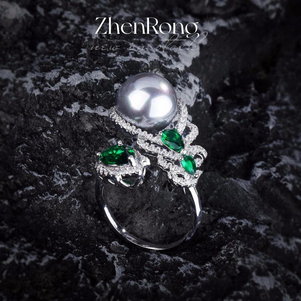 

Open Ring Fashion Black Pearl Feather Design Micro Pave Diamond Color Gemstone Statement Jewelry