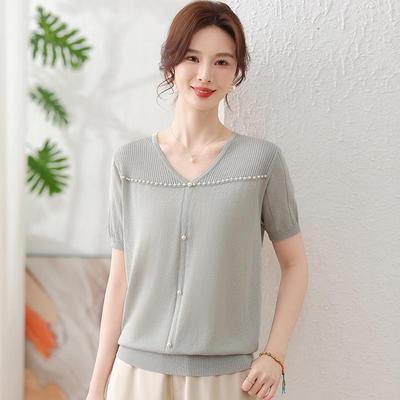 2026 Summer Ice Silk V-Neck T-Shirt for Moms – Thin, Short-Sleeved Knit Top for Middle-Aged Women
