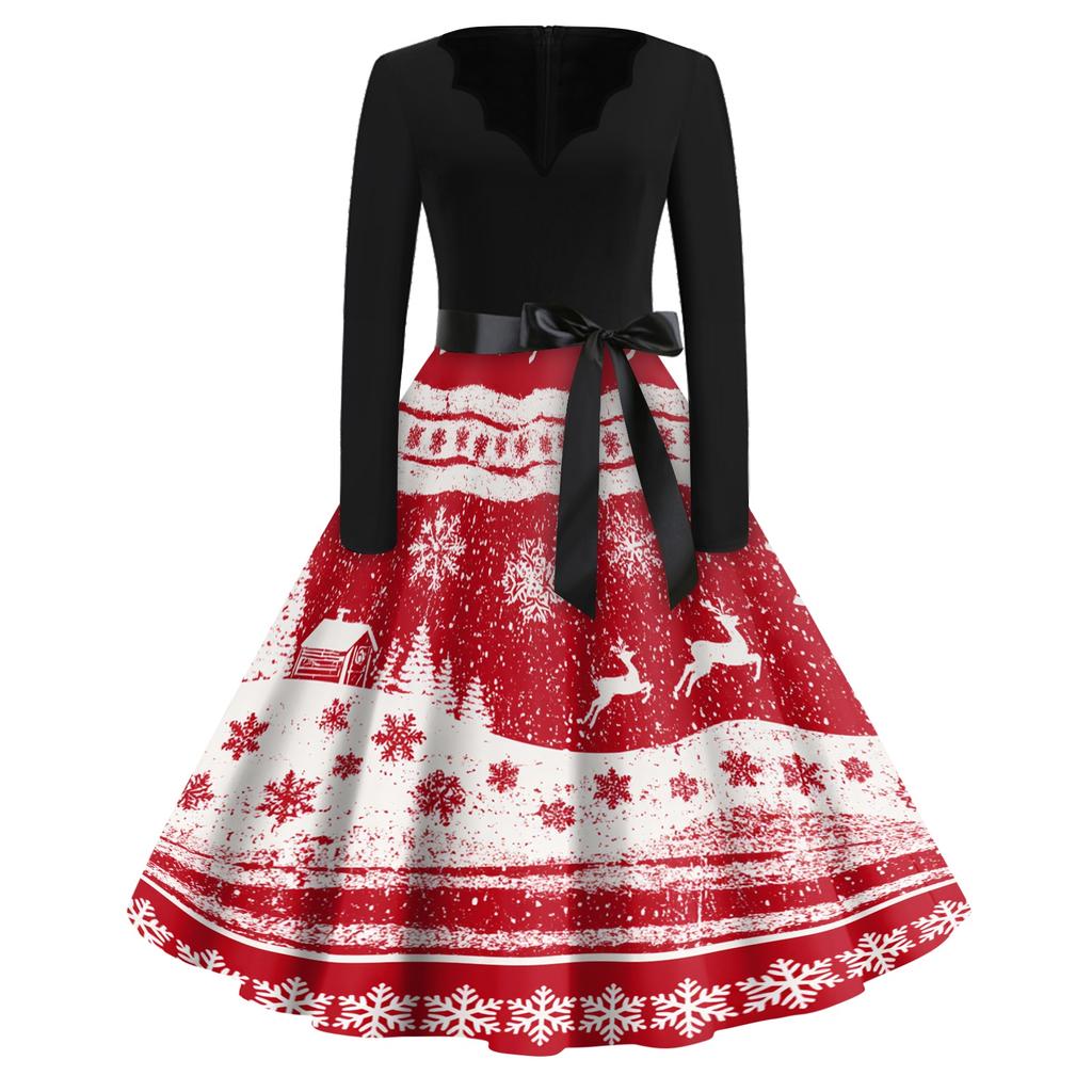 Women's Retro V-Neck Christmas Print Dress with Snowflake and Christmas Tree Pattern