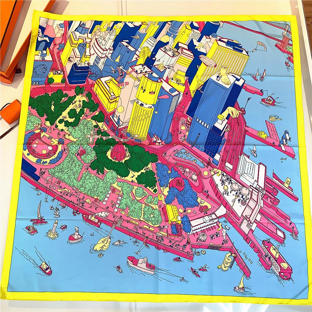 

Four Seasons Twill Scarf Handmade Edging 90cm Urban Architecture Design Head Wrap Shawl Womens Decorative Accessory 90x90cm