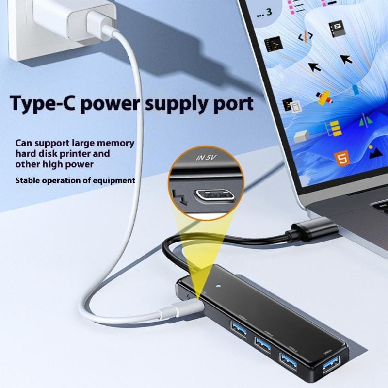 Fast Speed USB3.0 Hub 4 Port Splitter TypeC Power Port for Laptop Consoles Printer Keyboards Mouse Widely Used