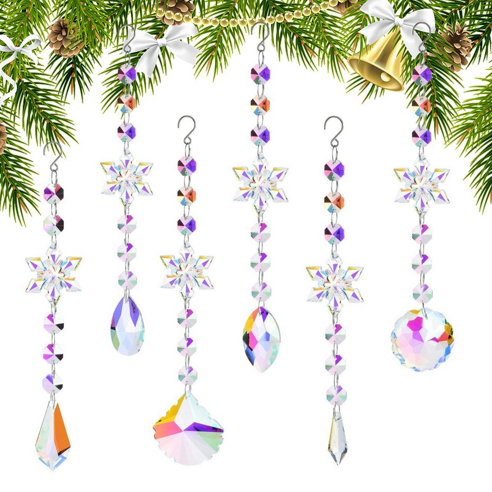 Crystal Snowflake Decoration 6Pieces Acrylic Snowflake Christmas Ornaments Rainbow Car Pendants Winter Clear Icicle Drop For