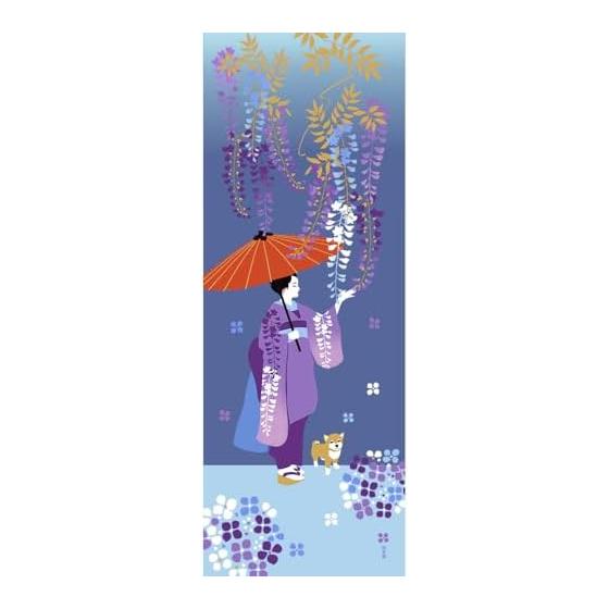 Hamamonyo Tenugui Towel - Wisteria Flower Maiko - 100% Cotton, Approx. 34cm x 90cm, Dyed, Single-Sided Print, Raw Edge