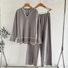 Autumn and Winter Women's Clothing U-neck Long-sleeved Knitted Sweater Set Split-ended Wide-leg Pants Knitted Two-piece Set for Women