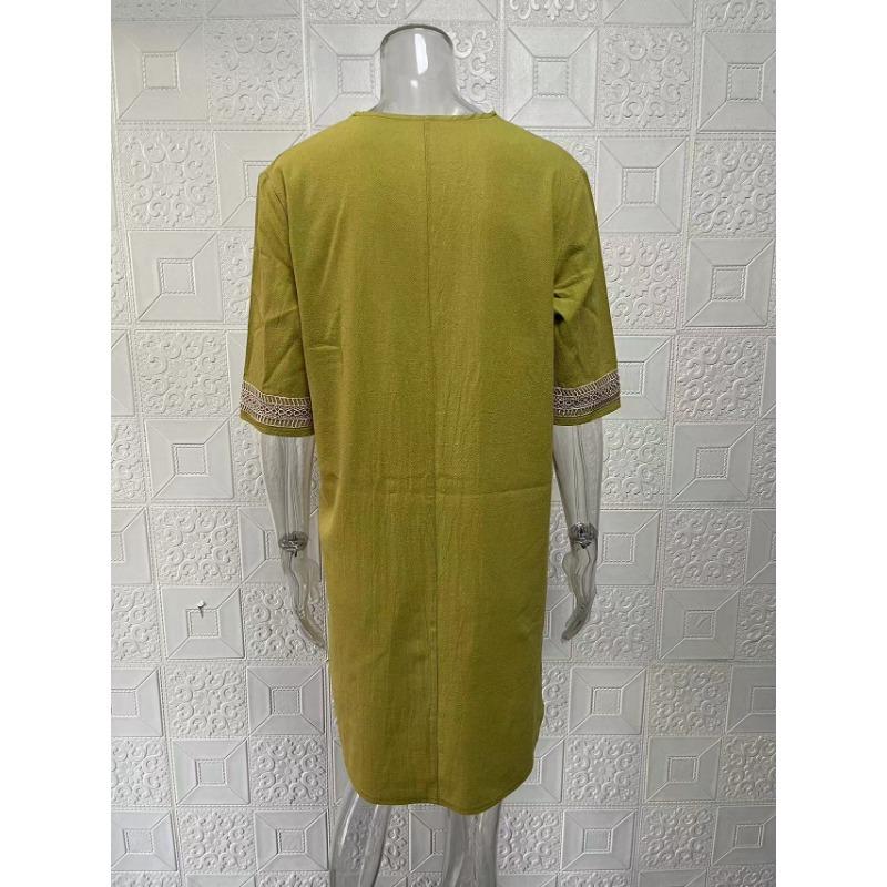 Spring and Summer Solid Color V-neck Cotton and Linen Dress