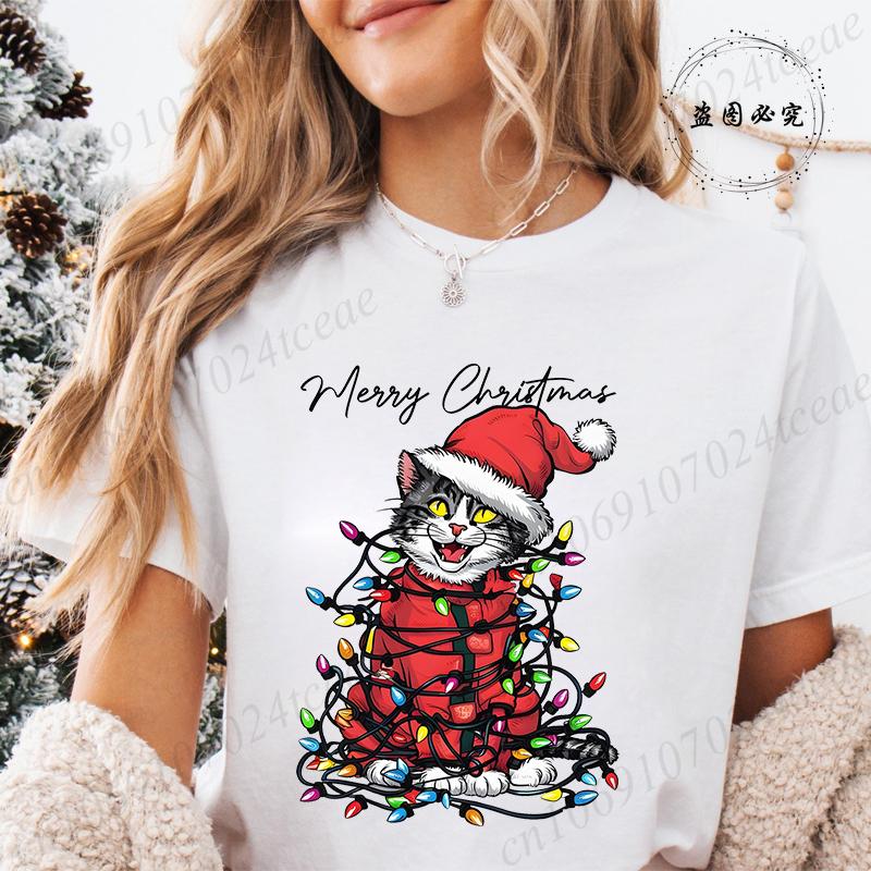 Funny Christmas Cat Women TShirt Xmas Cat Graphic TShirts Tops Short Sleeve Tees Casual Harajuku Street Tshirt Female Clothing