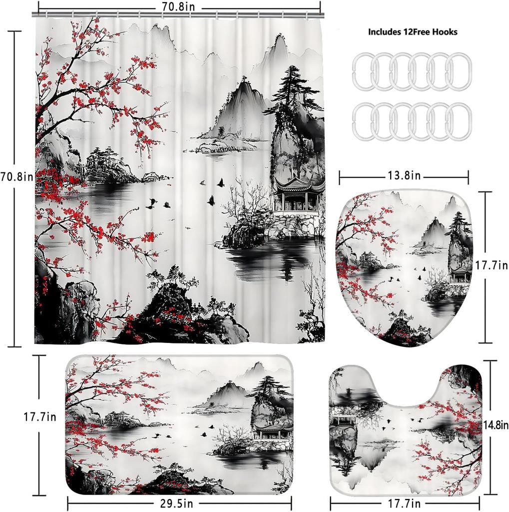 4-Piece Cherry Blossoms Shower Curtain Set Mountain Bathroom Set with Shower Curtain and Rugs, Japanese Style Bath Curtain with