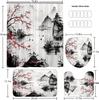 4-Piece Cherry Blossoms Shower Curtain Set Mountain Bathroom Set with Shower Curtain and Rugs, Japanese Style Bath Curtain with