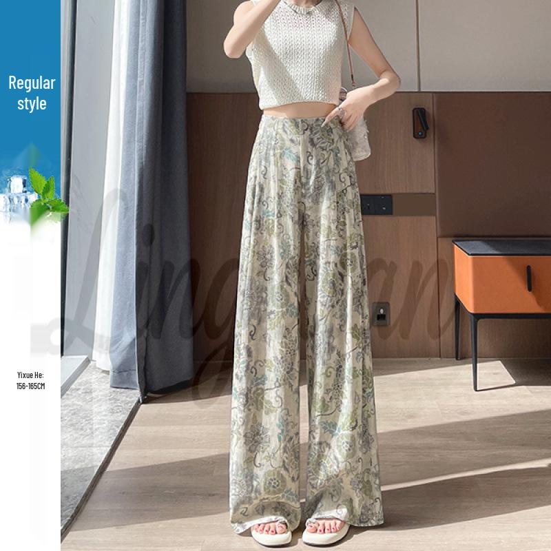 Women's High-Waist Retro Print Wide-Leg Linen Pants - Spring 2026 Collection