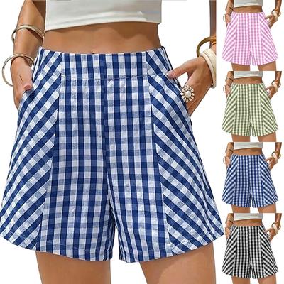 Women's Casual Plaid High Waist Shorts Loose Fit Summer Beachwear Lightweight Breathable Comfortable Flat Front Shorts