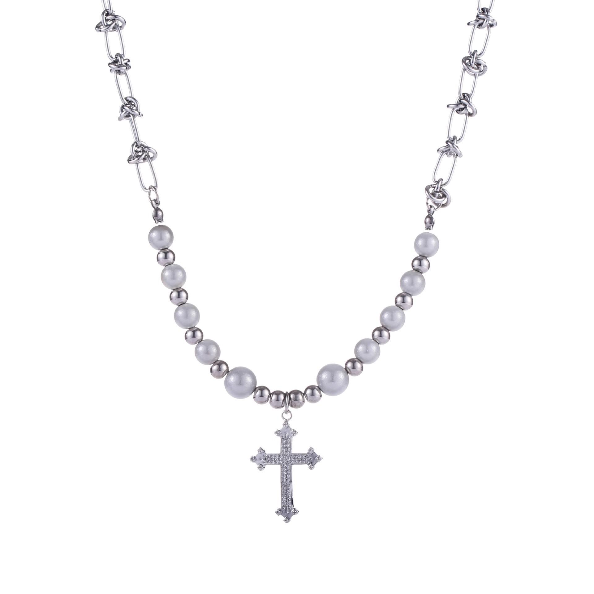 

Light Luxury Reflective Pearl Cross Necklace Male Trendy Hip-hop Niche Design High-end Accessories Collarbone Chain Female Couple