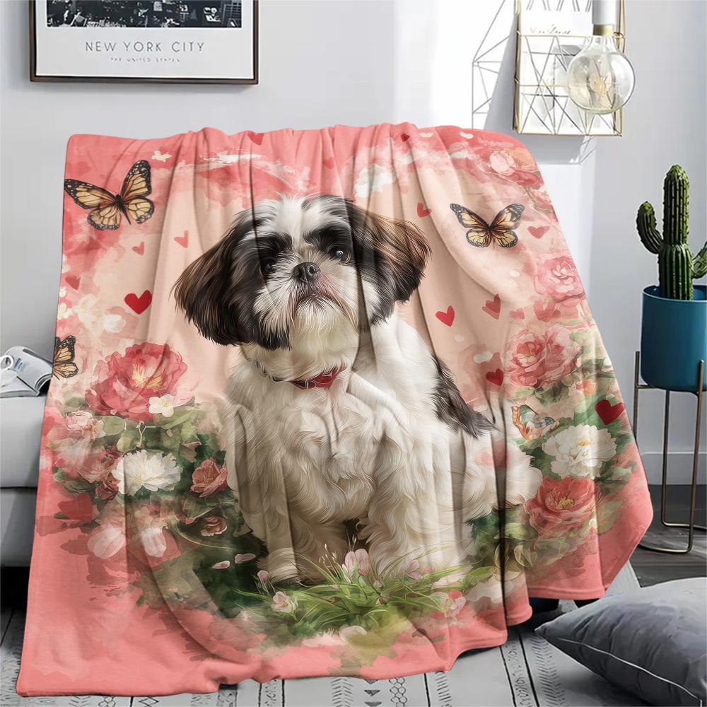

Hearts and Shih Tzu pattern Flannel Blanket, High quality Comfortable for All Seasons, Home Decor, Warmth and Comfort, Perfect for Gifts. 80cm x 120cm