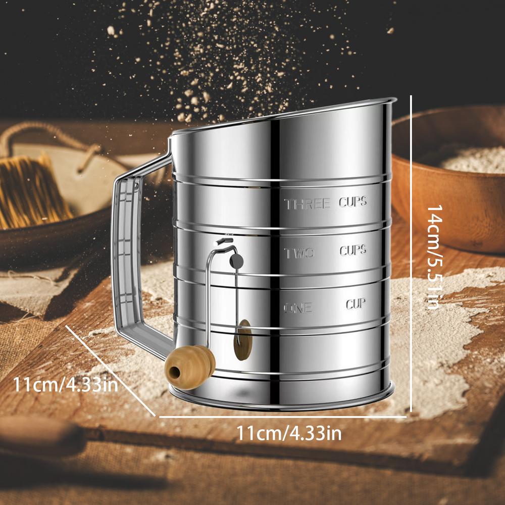 Stainless Steel Flour Sifter Sieve Powder Sifter Sieve With Rotating Hand Crank and Agitator Household Baking Tool Easy Clean