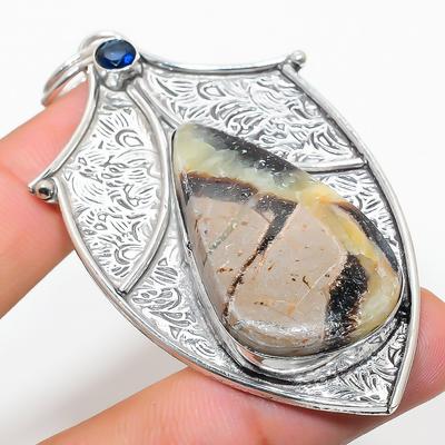 Natural Septerian Stone, Blue Topaz 925 Sterling Silver Pendant 3.03" E7l81