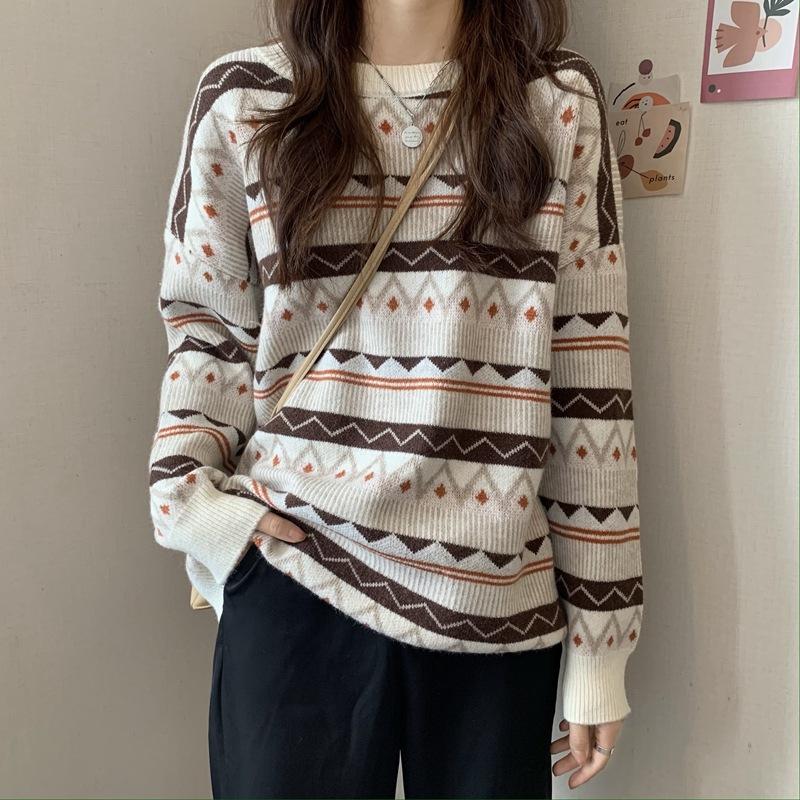 

Осень и Зима Ретро Стиль Ромбовидный Круглый Вырез Свободный Пуловер Свитер Женские Вязаные Свитера One Size