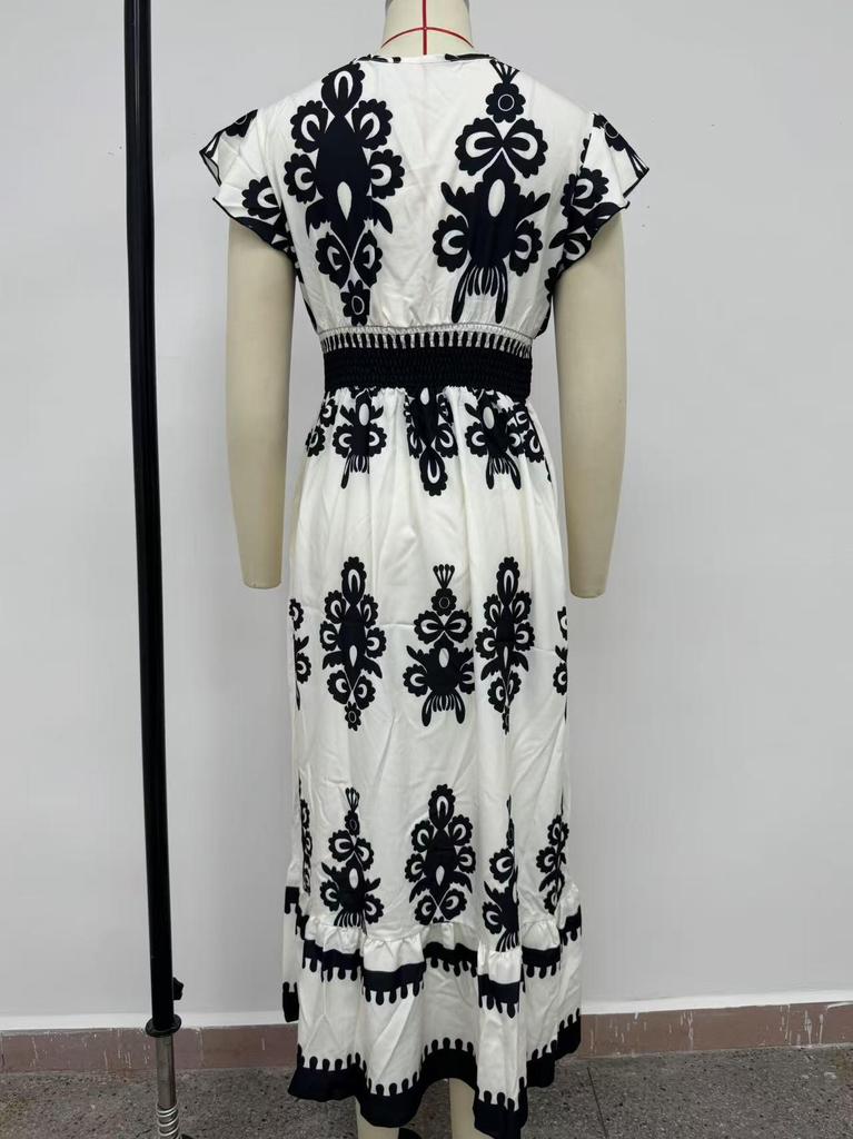 2025 European and American V-neck Waist-Cinching Summer Print Long Dress for Women