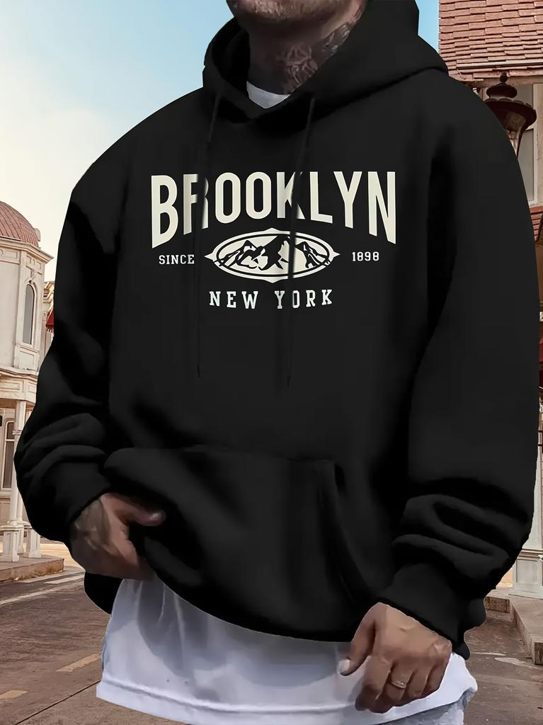 Casual Brooklyn Print Fleece Hoodie for Autumn & Winter - Soft Polyester
