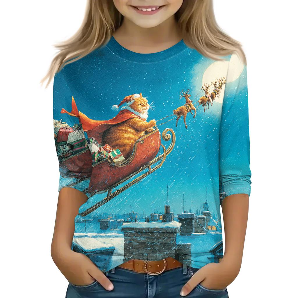 Christmas Day Print Tops For Youth Girls 5-16 Years Round Neck 3/4 Sleeves T-Shirts Trendy Tops Outfit Tees