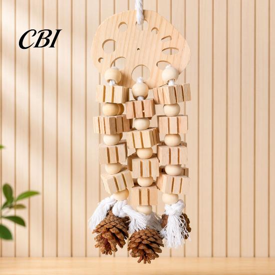 Parrot Chewing Toy Wooden Blocks Toy, Bird Chew with Beads Pinecones, Safe Metal Hook Beak Grinding Cage Accessory for Macaws African Greys