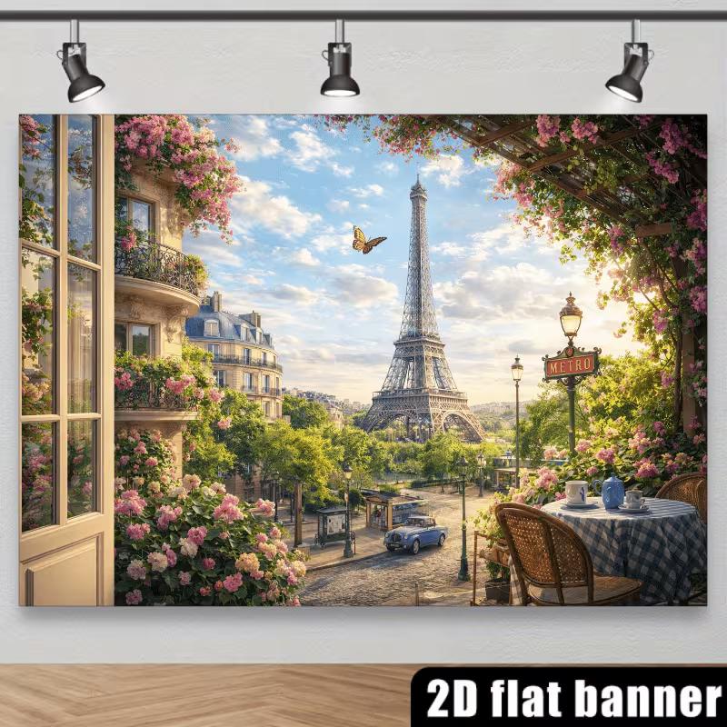 2D Paris Eiffel Tower Floral Backdrop for Event Decoration