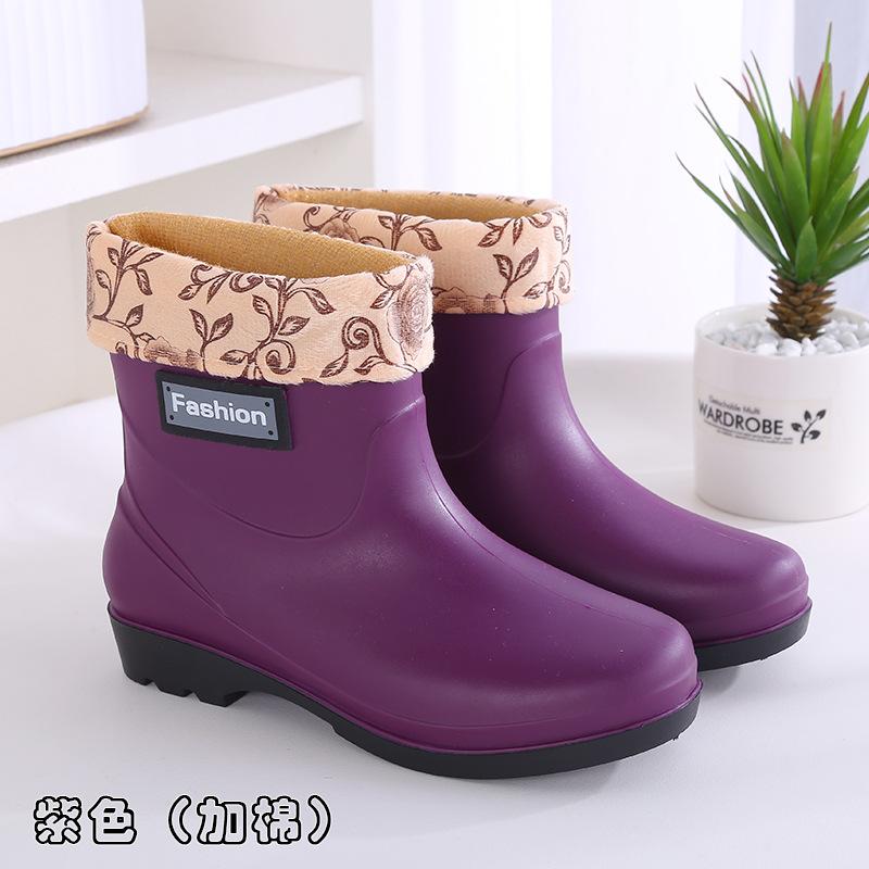 Fashion velvet rain boots rain shoes women's winter short waterproof shoes kitchen non-slip quick-drying car wash rubber shoes
