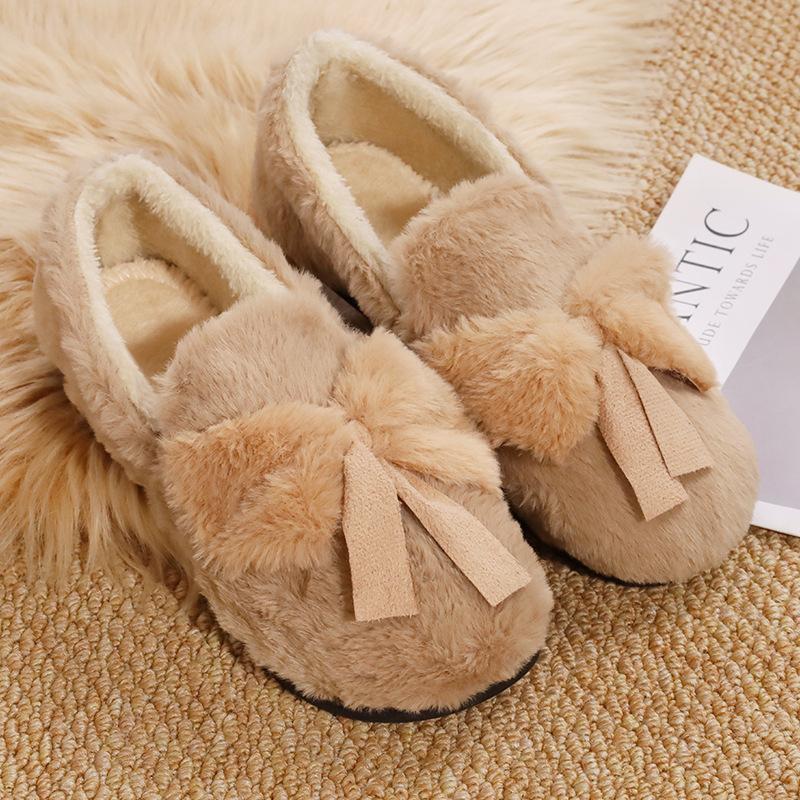 In Autumn and Winter, Women's New Bow-tie Fluffy Shoes with One Foot On Flat-soled Doudou Shoes Wear Thickened and Velvet Warm Cotton Shoes