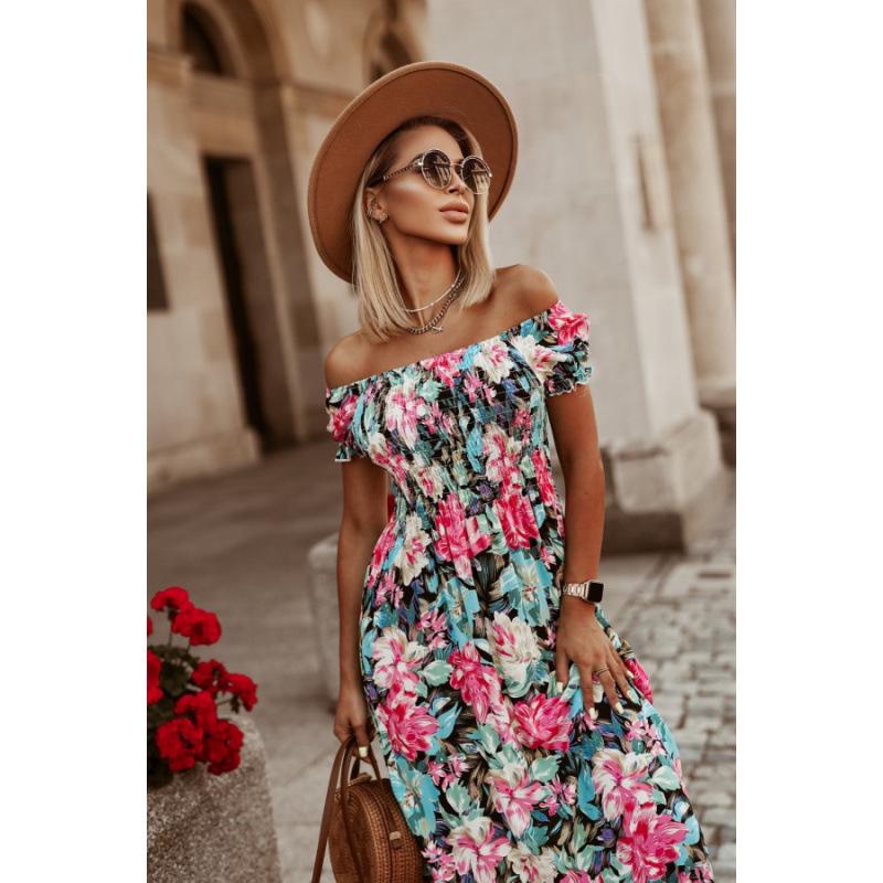 

2025 Floral One-Shoulder Elastic Smocked Mid-Length Dress Medium озеро синього кольору