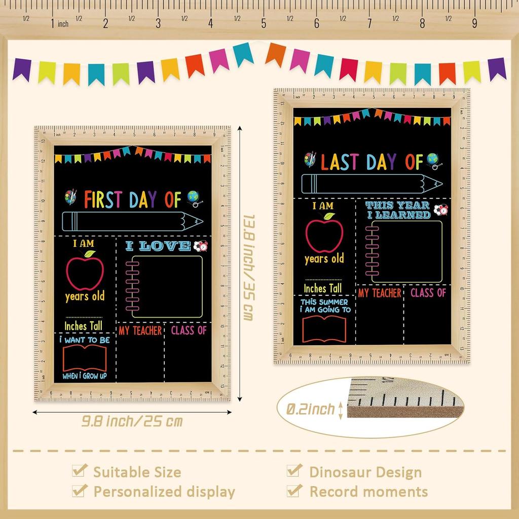 Pajean First and Last Day of School Board Sign Chalkboard with Ruler Frame Printing, Reble Back to School Board Wooden Double Sided Photo Prop, 14 x