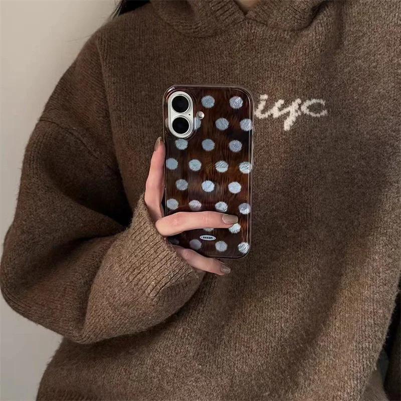 Korean Brown Blue Polka Dots Year Vortex Pattern Phone Case for IPhone 16 15 Pro Max 14 13 12 11 Pro XS XR X 7 8 Plus Hard Cover