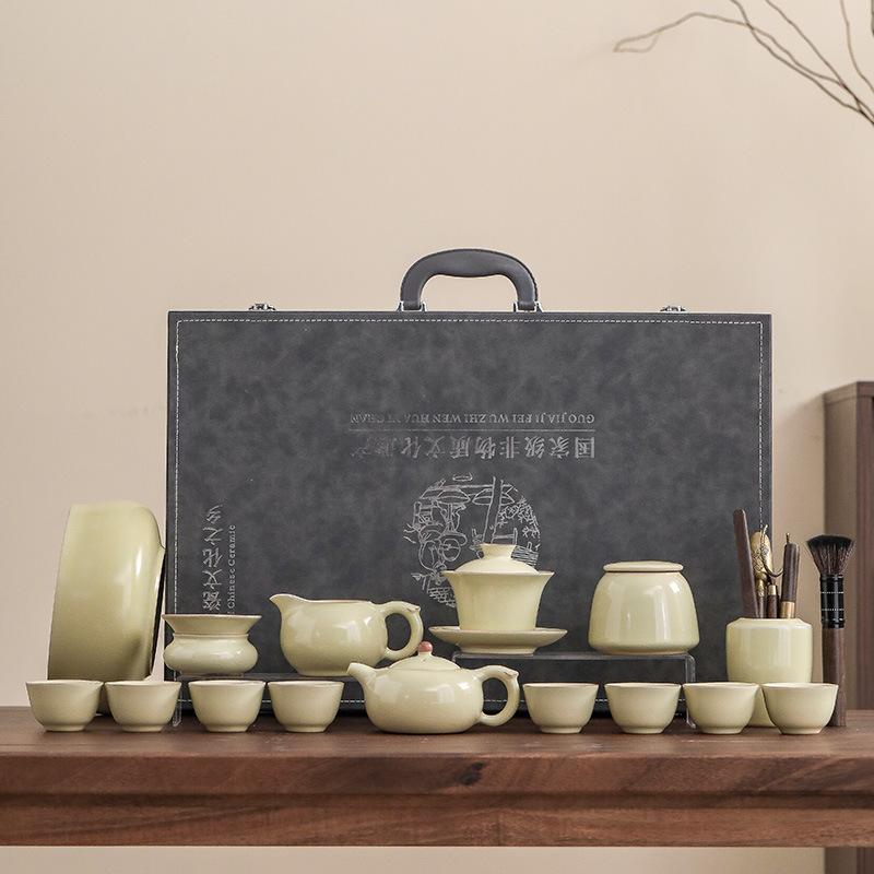 16-Head Xinru Kiln Chinese Kung Fu Tea Set, High-end Light Luxury Atmospheric Gift Box, Which Can Be Raised and Opened To Receive Gifts from Guests