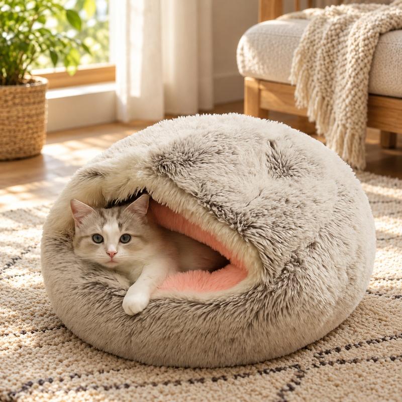 Winter Warmth Soft Fleece Lined Semi-Enclosed Plush Pet Nest for Cats