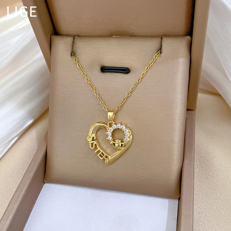 Love Ring Light Luxury Temperament Gorgeous Full Diamond Necklace Women'S Versatile Collarbone Chain Titanium Steel Chain