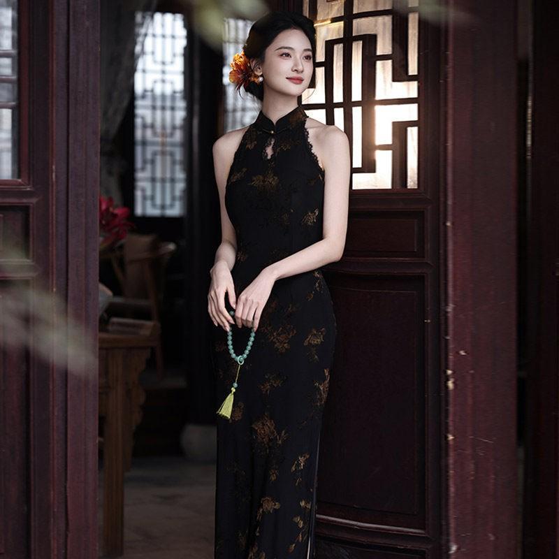 Black Sleeveless High-Neck Chinese-Inspired Long Cheongsam Dress Women 2026 Elegant Party Gown