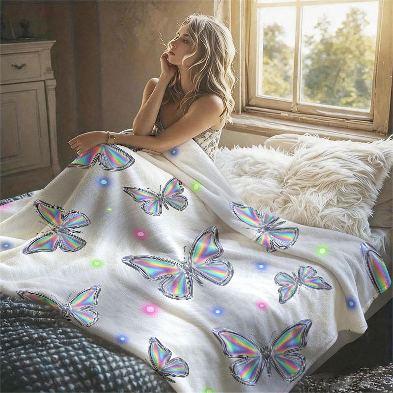 Holographic Butterfly Flannel Blanket Warm Soft Halloween Christmas Decorative Couch Warm Cozy All-Season Gift