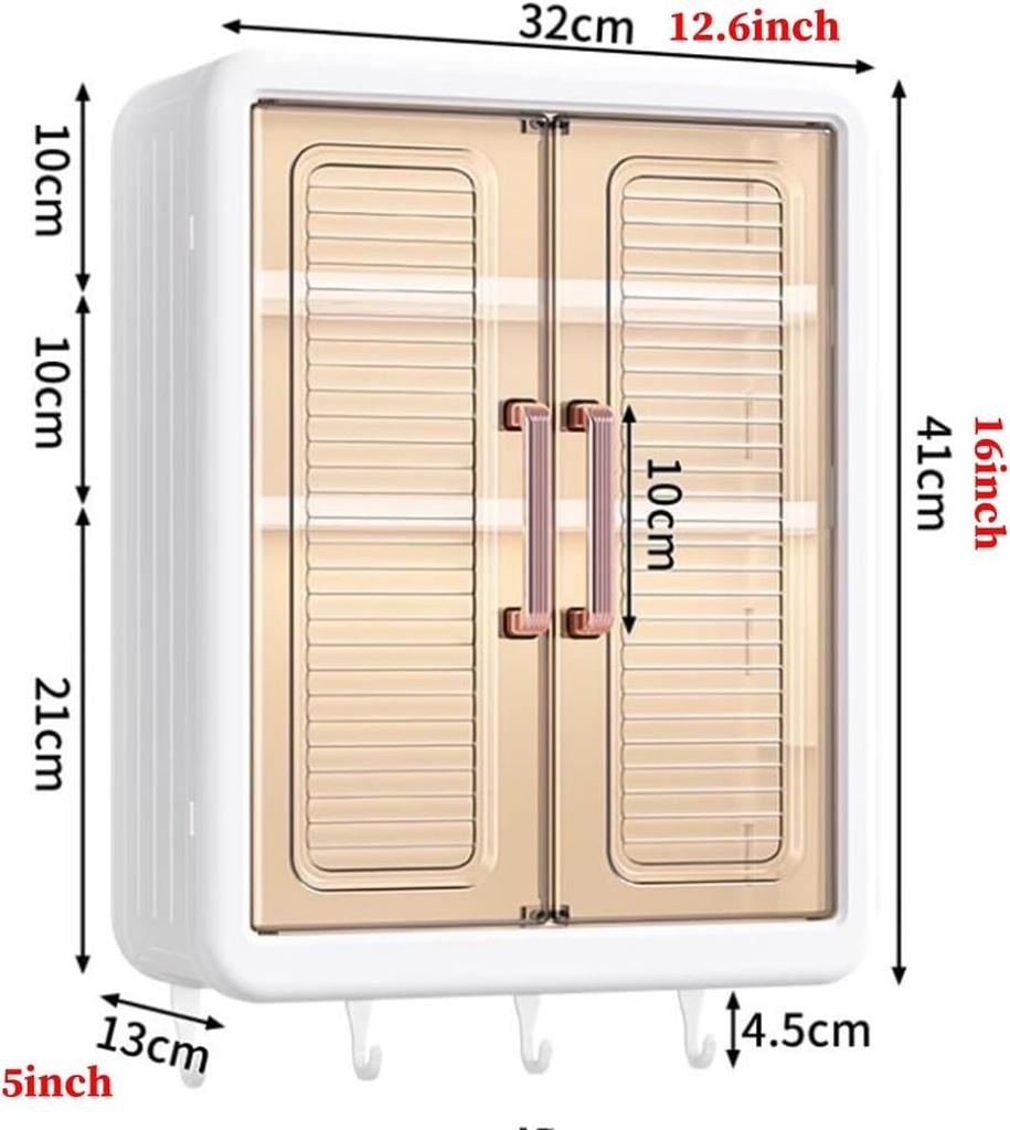 No-Drill Bathroom Shelf & Storage Cabinet - Wall Organiser for Bathroom Essentials, Makeup, Skincare with 2 Doors, 32 X 40.5 X 13cm (White, 3 Layer)