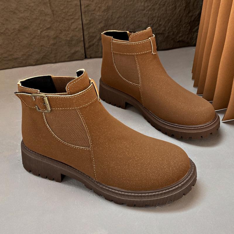 2024 Fashion Buckle Women's Boots Autumn Round Toe Solid Flock Short Barrel Shoes for Women Chunky Heels Large Size Naked Boots