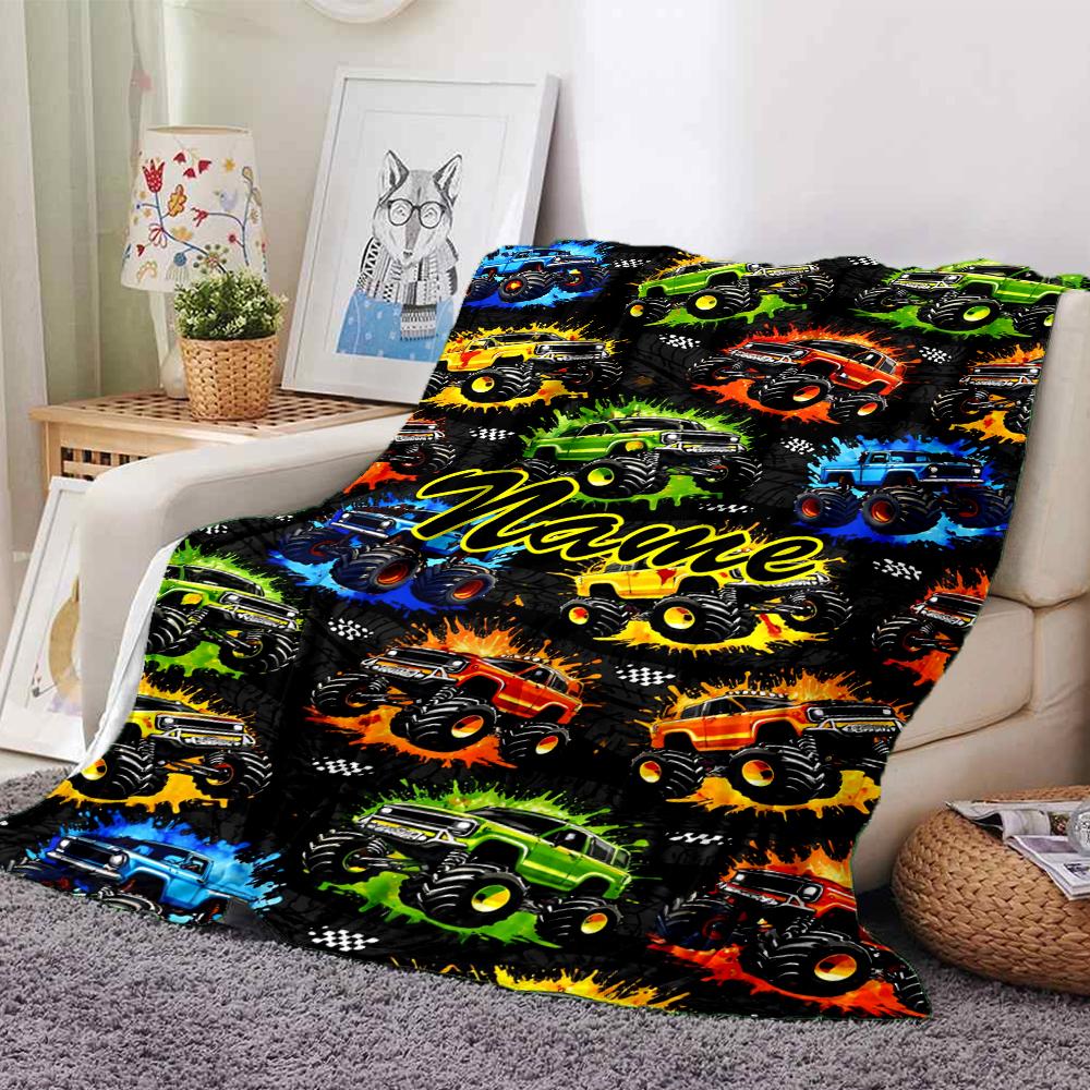 Custom Name Truck Theme Printed Blanket - Perfect for Couch, Bed, Travel & Outdoor Use | Machine Washable, Cozy & Durable.