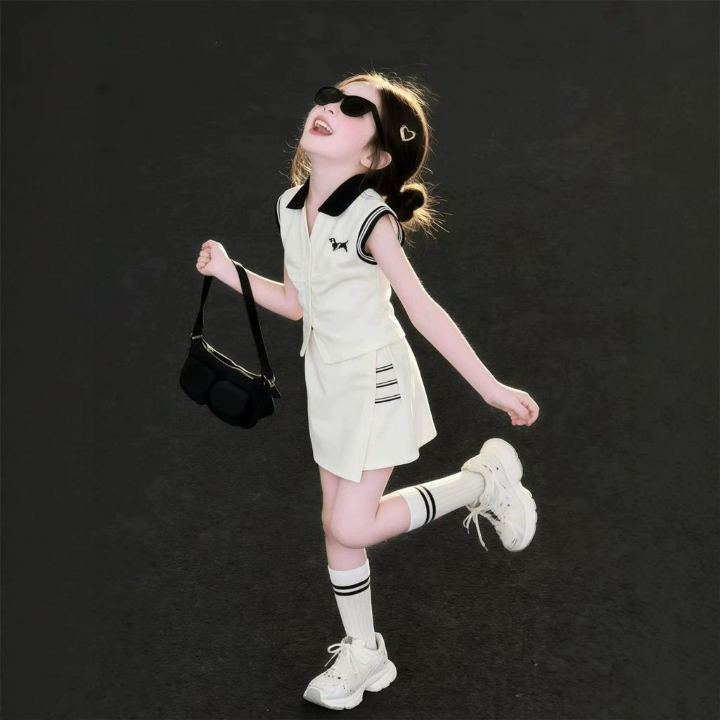 Girls' Summer Style Polo Collar Vest & Skirt Two-Piece Set - Trendy Korean-Inspired Outfit