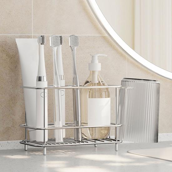 Stainless Steel Toothbrush Holder Bathroom Toothpaste Holder Stand with Quick Drainage Countertop Organizer for Bathroom Accessories