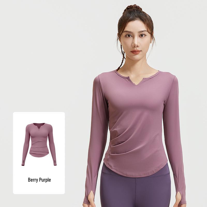 Juyitang Seamless V-Neck Long-Sleeve Yoga Suit with Pleated Waist and Slim-Fit Top