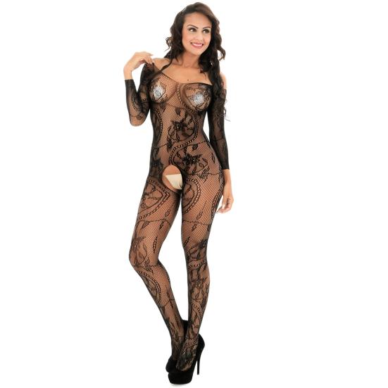 Sexy Flower Long Sleeves One-piece Mesh Tights Hollow Out Stockings Underwear
