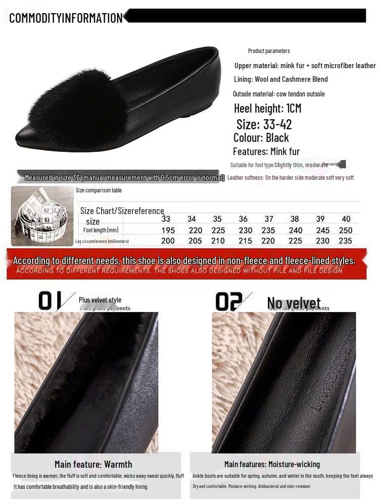 Damen 2025 Nerzfell Mokassins Loafer, Winter Samt Spitz Zehen Ballerinas, Große Größe 41