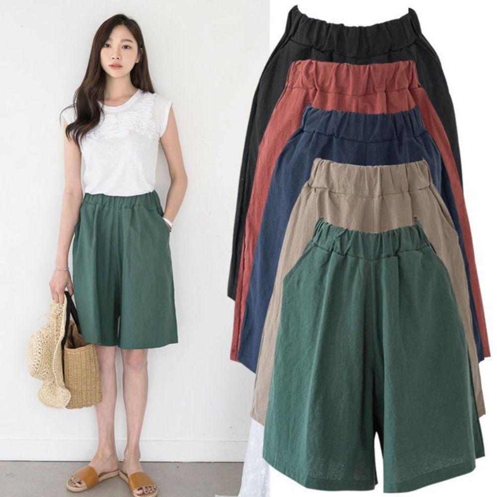 Fashion Elastic Waist Women Fifth Pants Linen Cotton Loose Casual Shorts Wide Leg Plus Size Knee Length Trousers Holiday