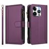 For iPhone 15 Pro Leather Case 9 Card Slots Zipper Wallet Stand Phone Cover with Wrist Strap