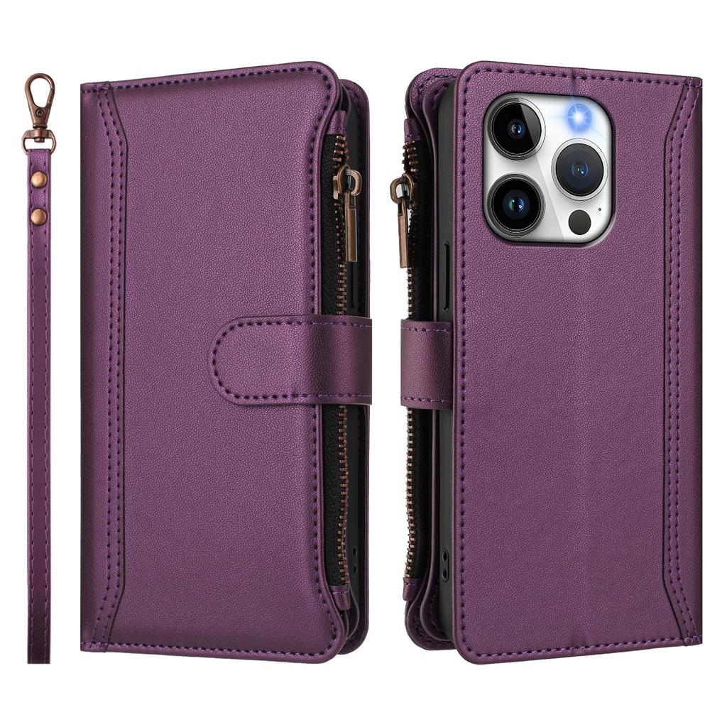 For iPhone 15 Pro Leather Case 9 Card Slots Zipper Wallet Stand Phone Cover with Wrist Strap