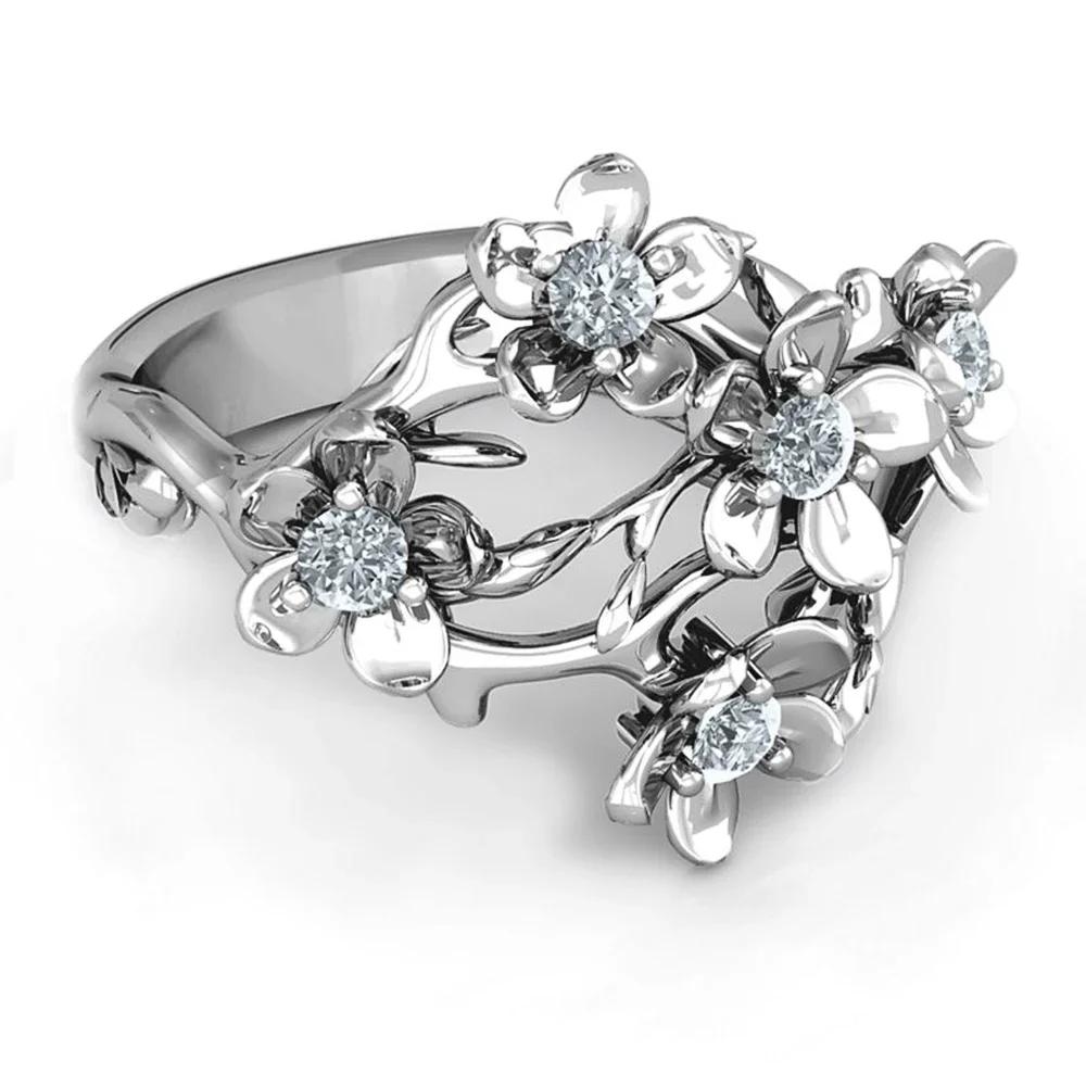 Romantic Silver Color Flower Rings Bridal Wedding Ceremony Party Dazzling Cubic Zircon Creative Design Elegant Women Ring