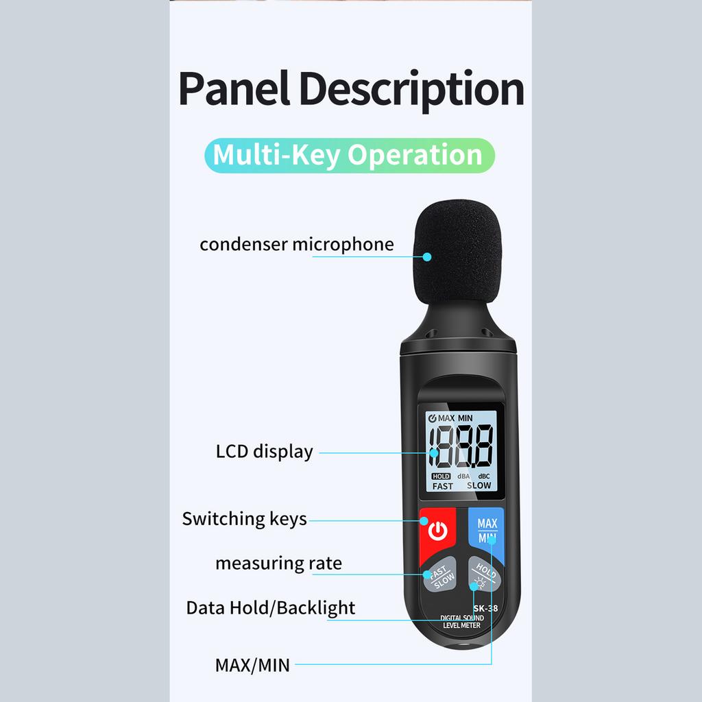 WDigital Sound Level Meter Noise Meter with Backlit Display Noise Decibel Reader 30DB 130DB Range Data Hold Function